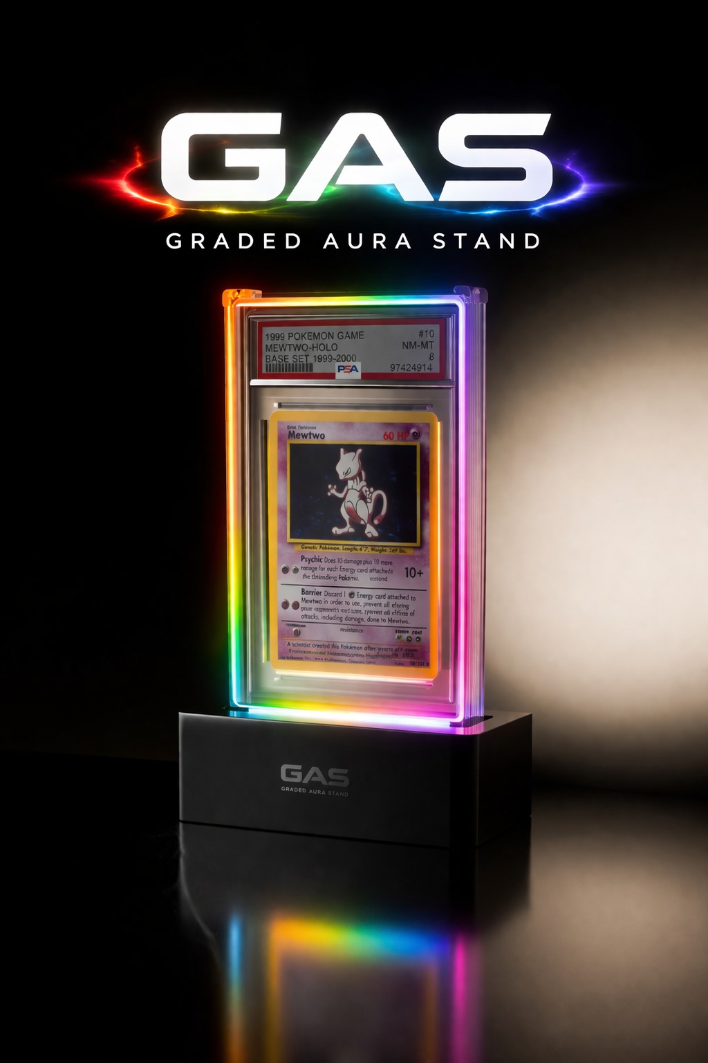 Graded Aura Stand — halo LED lighting with PSA Mewtwo Holo